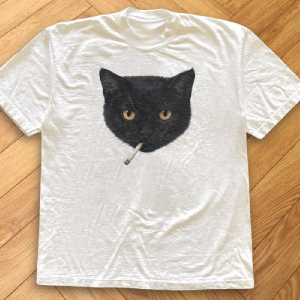 White - Black Cat Smoking Graphic T-Shirt White Unisex Funny Cat Cotton Tee